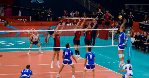 London 2012 - Volleyball - Men's Quarter Finals

Italy v U.S.A. in the second quarter final.  U.S.A were the defending Olympic champions but lost 3-0 to Italy.

Italy running an attack through their opposite and still the USA get a 3 man block on it.