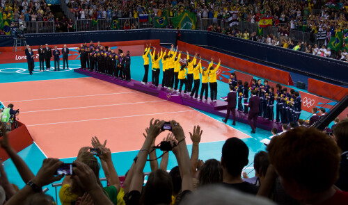 London 2012 - Volleyball - Ladies Final

Brazil v U.S.A. in the Ladies gold medal final.

U.S.A. hadn't lost a game all year and Brazil were embarassingly bad in the first set, but they sped up their attack massively and started getting clever with subbing their setters on and off to win 3-1.

The top three.  Japan saw off Korea in the 3rd place play-off that morning.