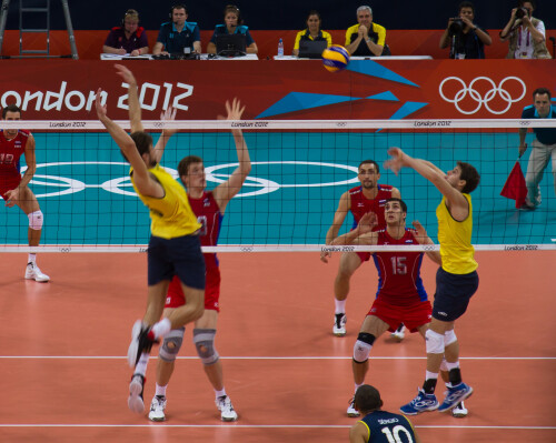 London 2012 - Volleyball - Men's Final

Brazil v Russia in the Men's gold medal final.

Russia looked a little sluggish to start with (they changed their setter halfway through the match so something wasn't right), and Brazil won the first two sets easily.  They even had two match points in the thrid set, but they came when Brazil were in their weaker rotations and Russia were in their stronger.

This triggered a massive turnaround for Russia.  Having snuck the third set, they carried their momentum into the 4th.  The Great Bear was awakened.  Brazil then brought on Giba, but he looked out of sorts, and Russia started to pepper him with serves and stuff him out on the block.  This completely changed the match, and Russia raced to the 4th set, then took a big lead in the 5th, going on to win 19-25, 20-25, 29-27, 25-22, 15-9.

The only way to beat Rusiia's massive middle block is with speed.  Or maybe set somewhere else.