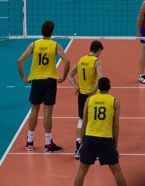 London 2012 - Volleyball - Men's Final

Brazil v Russia in the Men's gold medal final.

Russia looked a little sluggish to start with (they changed their setter halfway through the match so something wasn't right), and Brazil won the first two sets easily.  They even had two match points in the thrid set, but they came when Brazil were in their weaker rotations and Russia were in their stronger.

This triggered a massive turnaround for Russia.  Having snuck the third set, they carried their momentum into the 4th.  The Great Bear was awakened.  Brazil then brought on Giba, but he looked out of sorts, and Russia started to pepper him with serves and stuff him out on the block.  This completely changed the match, and Russia raced to the 4th set, then took a big lead in the 5th, going on to win 19-25, 20-25, 29-27, 25-22, 15-9.

More signals from Bruno to hit hitters.