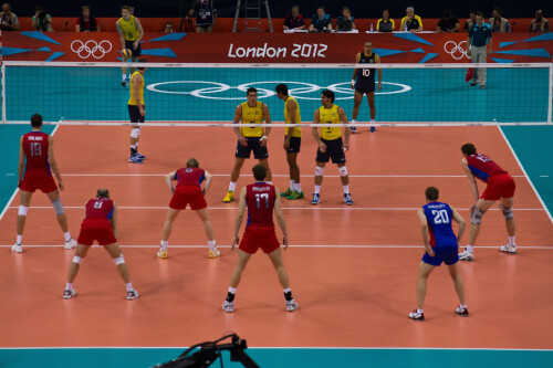 London 2012 - Volleyball - Men's Final

Brazil v Russia in the Men's gold medal final.

Russia looked a little sluggish to start with (they changed their setter halfway through the match so something wasn't right), and Brazil won the first two sets easily.  They even had two match points in the thrid set, but they came when Brazil were in their weaker rotations and Russia were in their stronger.

This triggered a massive turnaround for Russia.  Having snuck the third set, they carried their momentum into the 4th.  The Great Bear was awakened.  Brazil then brought on Giba, but he looked out of sorts, and Russia started to pepper him with serves and stuff him out on the block.  This completely changed the match, and Russia raced to the 4th set, then took a big lead in the 5th, going on to win 19-25, 20-25, 29-27, 25-22, 15-9.