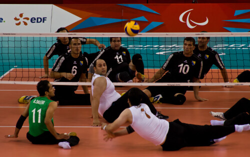 London 2012 - Sitting Volleyball Final

Bosnia and Herzegovina v Islamic Republic Iran

Bosnia have been in every final since Sydney 2000, and Iran since Seoul '88.  Iran have only ever lost the final to Bosnia.

This was a step up again from the bronze medal match.  When you're running three lines of attack, including a back court, then you're at the high end of the tactical scale.  When you're chasing down balls that are meters off the side of the court, then you're at the high end of athleticism.