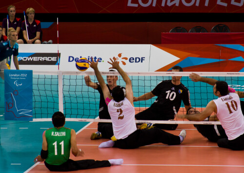 London 2012 - Sitting Volleyball Final

Bosnia and Herzegovina v Islamic Republic Iran

Bosnia have been in every final since Sydney 2000, and Iran since Seoul '88.  Iran have only ever lost the final to Bosnia.

This was a step up again from the bronze medal match.  When you're running three lines of attack, including a back court, then you're at the high end of the tactical scale.  When you're chasing down balls that are meters off the side of the court, then you're at the high end of athleticism.