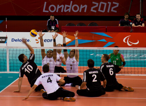 London 2012 - Sitting Volleyball Final

Bosnia and Herzegovina v Islamic Republic Iran

Bosnia have been in every final since Sydney 2000, and Iran since Seoul '88.  Iran have only ever lost the final to Bosnia.

This was a step up again from the bronze medal match.  When you're running three lines of attack, including a back court, then you're at the high end of the tactical scale.  When you're chasing down balls that are meters off the side of the court, then you're at the high end of athleticism.