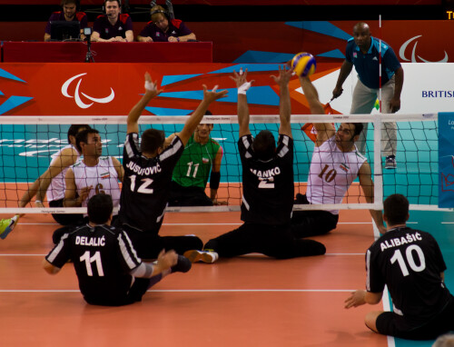 London 2012 - Sitting Volleyball Final

Bosnia and Herzegovina v Islamic Republic Iran

Bosnia have been in every final since Sydney 2000, and Iran since Seoul '88.  Iran have only ever lost the final to Bosnia.

This was a step up again from the bronze medal match.  When you're running three lines of attack, including a back court, then you're at the high end of the tactical scale.  When you're chasing down balls that are meters off the side of the court, then you're at the high end of athleticism.