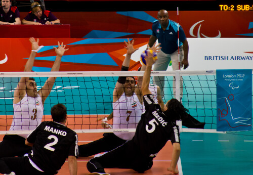 London 2012 - Sitting Volleyball Final

Bosnia and Herzegovina v Islamic Republic Iran

Bosnia have been in every final since Sydney 2000, and Iran since Seoul '88.  Iran have only ever lost the final to Bosnia.

This was a step up again from the bronze medal match.  When you're running three lines of attack, including a back court, then you're at the high end of the tactical scale.  When you're chasing down balls that are meters off the side of the court, then you're at the high end of athleticism.