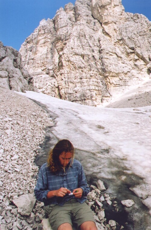 Photos from a holiday to the Dolomites, found on my harddrive., taken with an EOS 350.  That's right; pre-digital.

Allen pauses at the bottom of an ice sheet, to enjoy a craft cigarette.